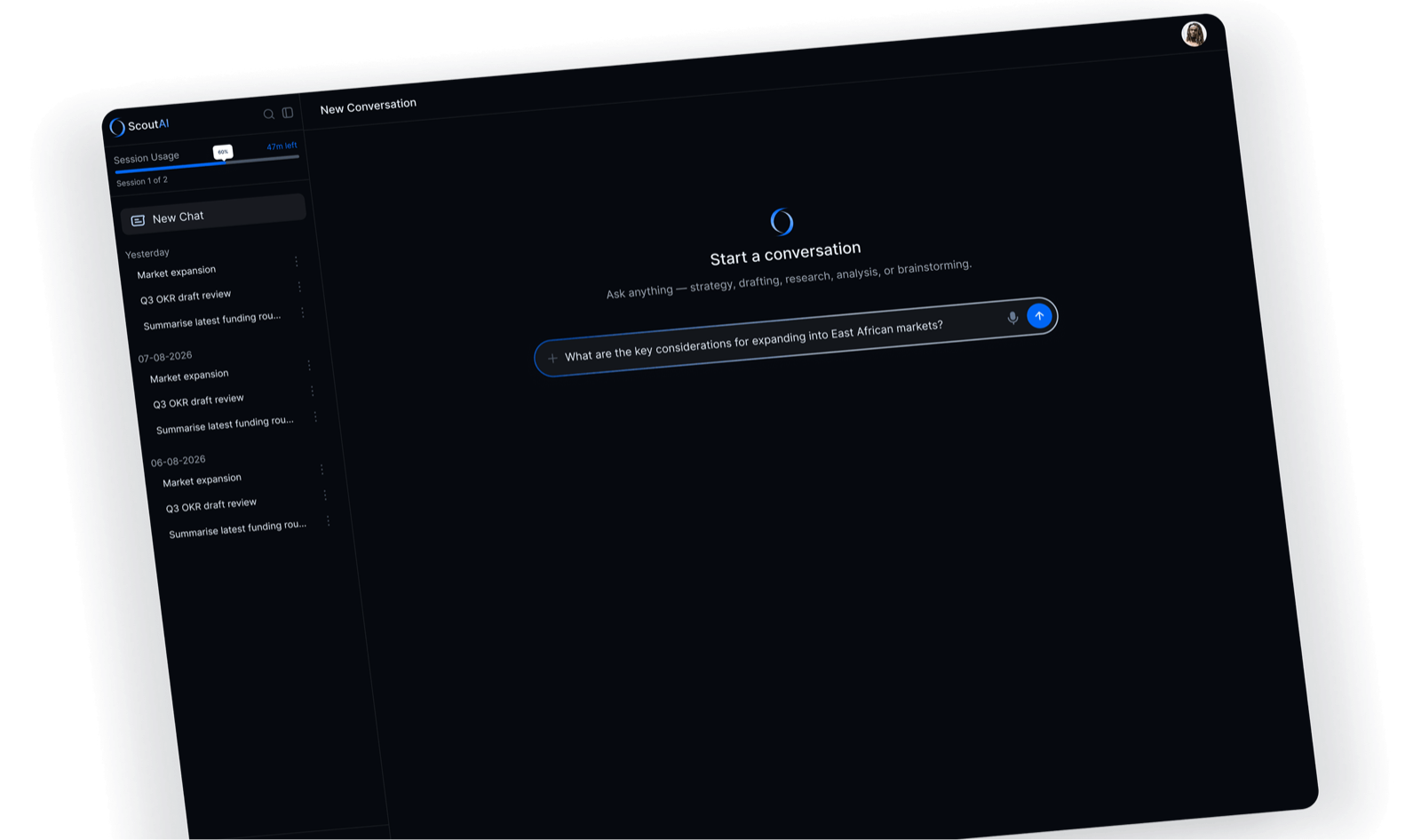 Scout AI workspace showing a new conversation screen