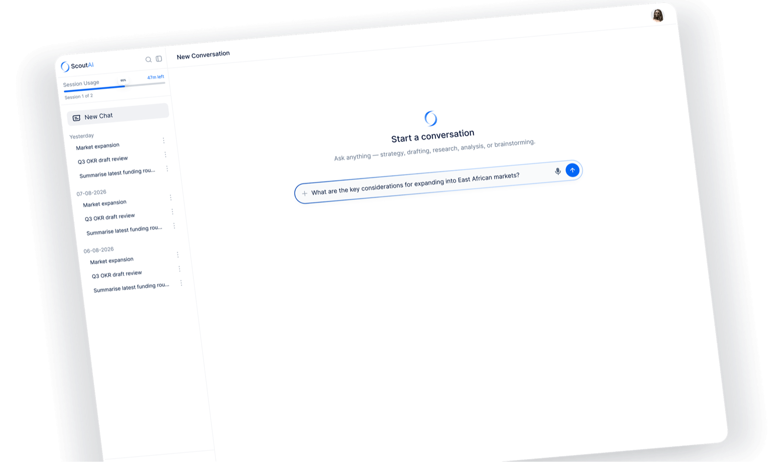 Scout AI workspace showing a new conversation screen