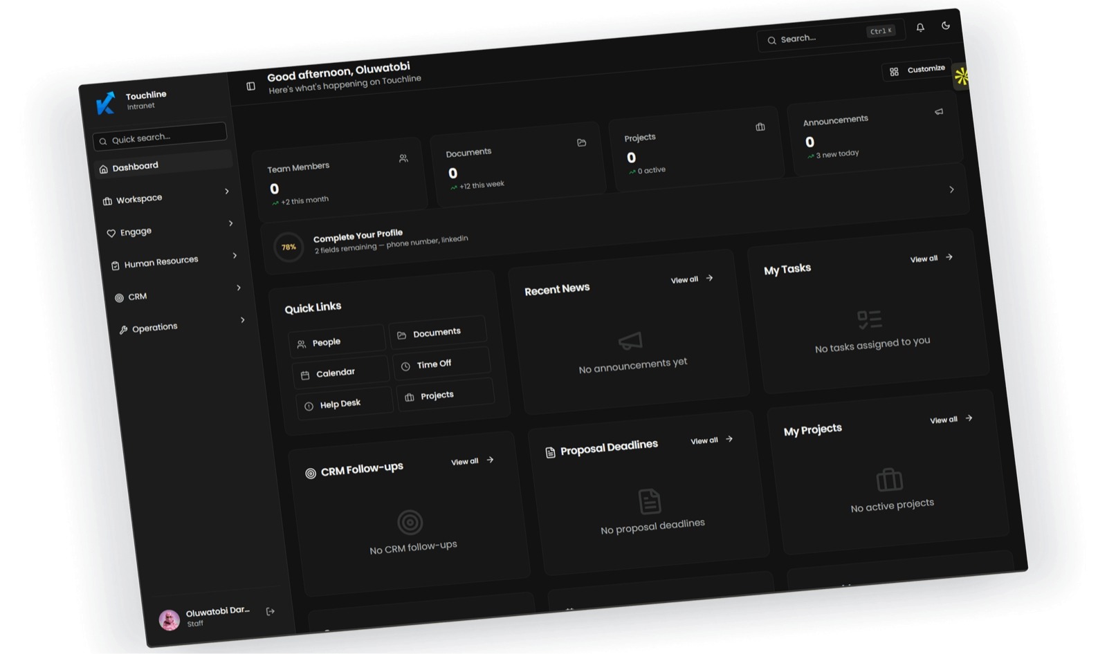 Touchline dashboard showing tasks, documents, projects, and announcements