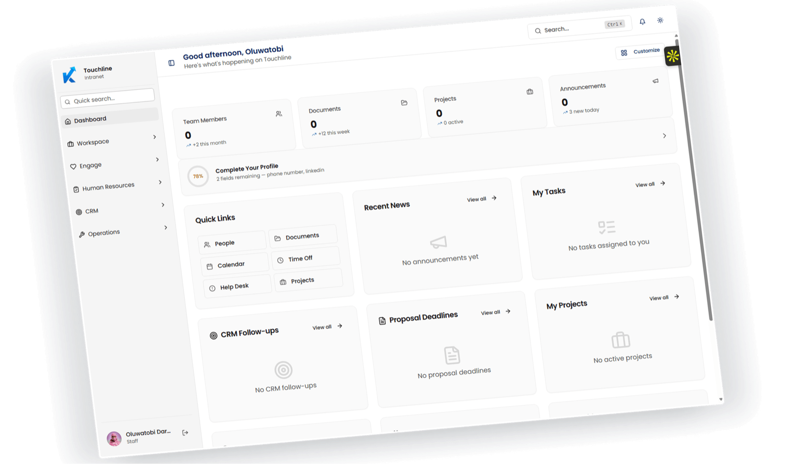 Touchline dashboard showing tasks, documents, projects, and announcements